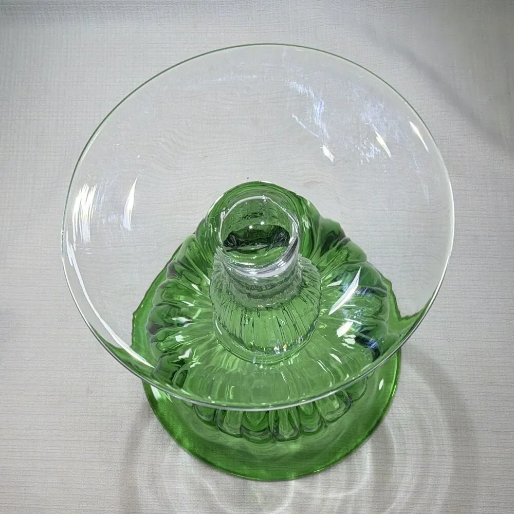 Vtg Green Glass Compote Dish Clear Pedestal Ribbed Centerpiece Bowl (6.75